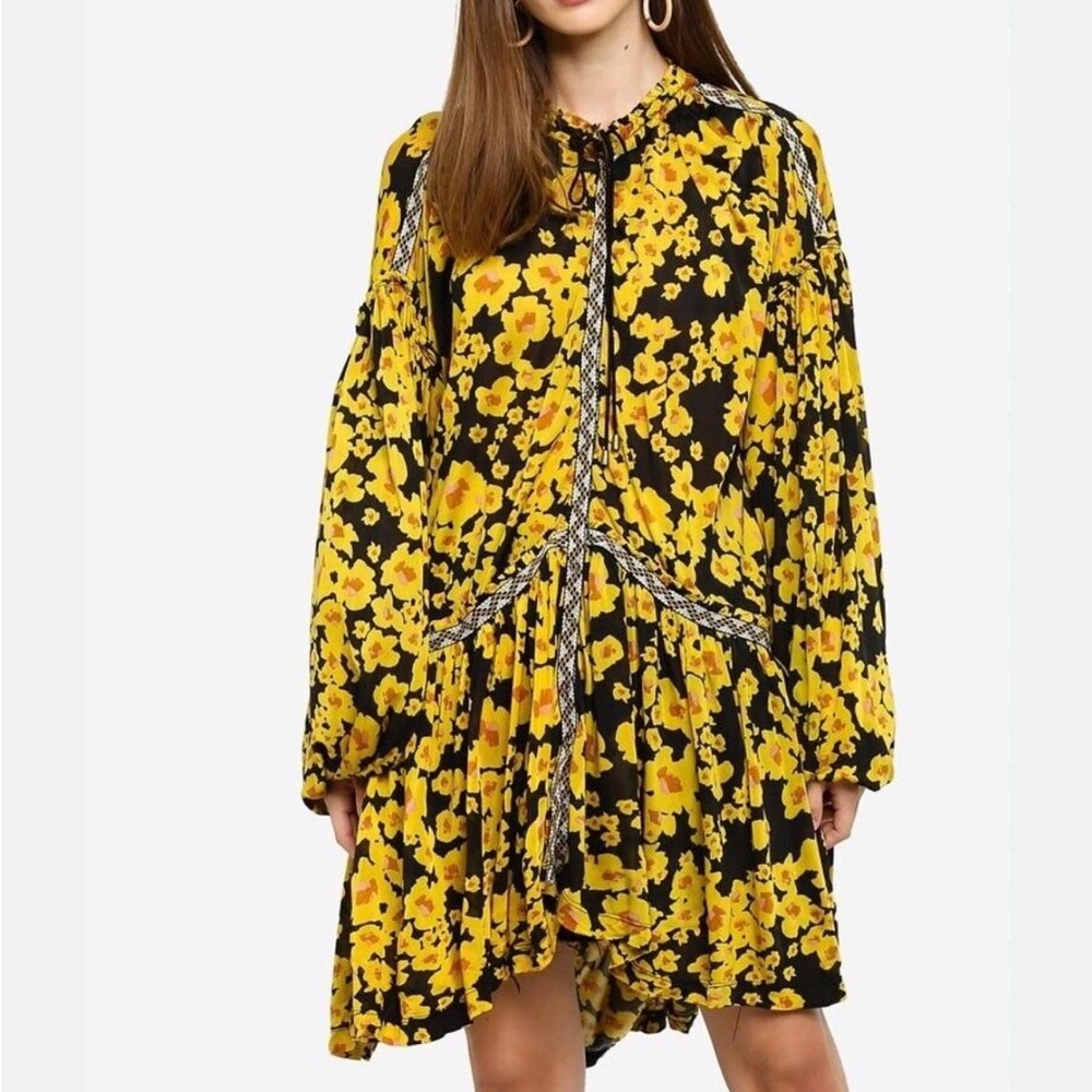 Free People Love Letter Sheer Black & Yellow Floral Dress, balloon sleeve